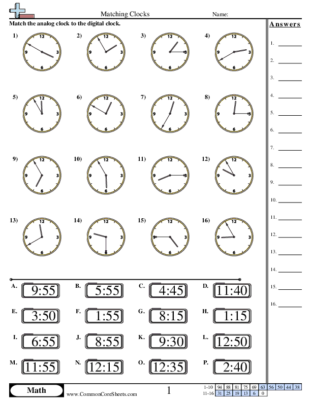 Matching Clocks (5 Minute Increments) worksheet
